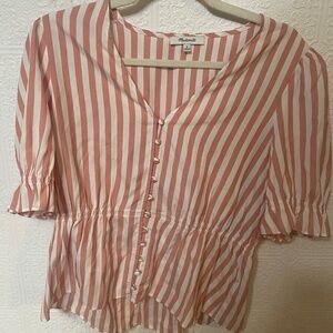 Madewell barn red/white striped button front v-neck peplum blouse